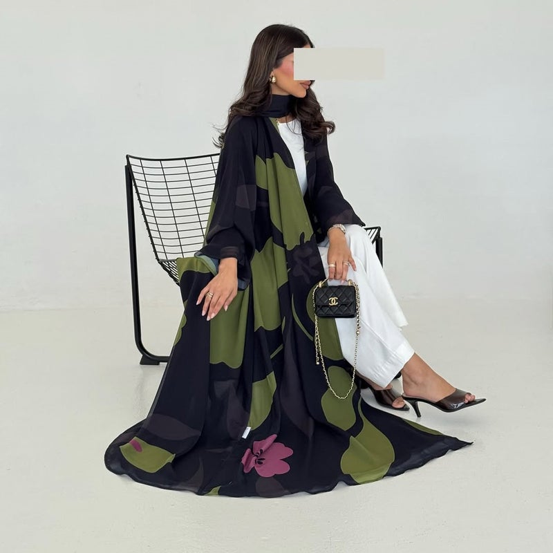 Women's Colorful Printed Chiffon Flared Sleeve Loose Modest Robe Dress - Image 2