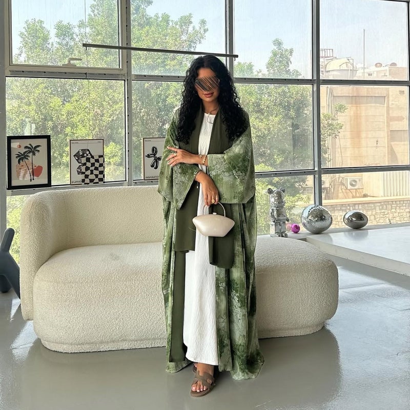 Women's Colorful Printed Chiffon Flared Sleeve Loose Modest Robe Dress - Image 1