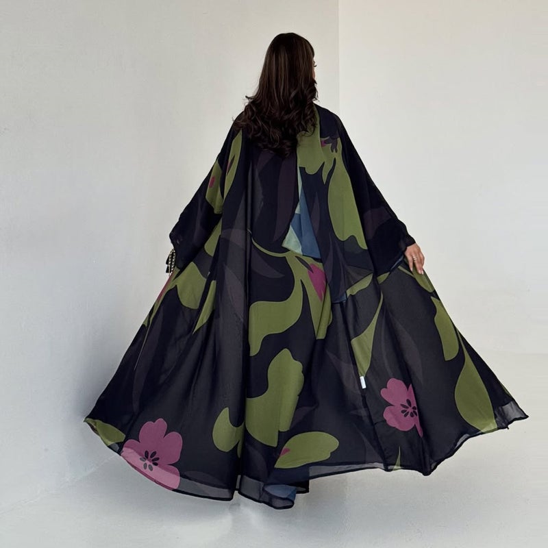 Women's Colorful Printed Chiffon Flared Sleeve Loose Modest Robe Dress - Image 5