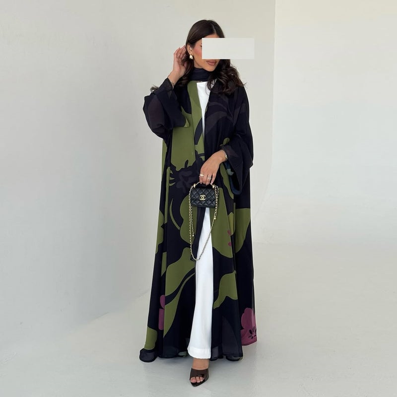 Women's Colorful Printed Chiffon Flared Sleeve Loose Modest Robe Dress - Image 3