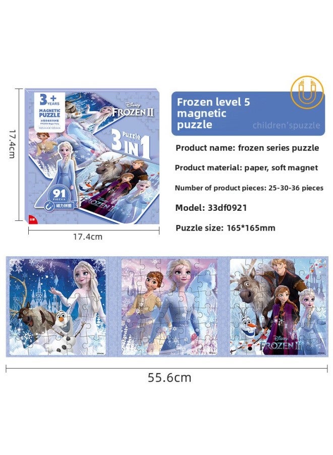 Disney Princess Ice And Snow Girls Young Children 3 Years Old Early Education Educational Toys Three Folding Puzzle Magnetic Quiet Book-Color:Frozen Level 5 Triple (White Card) 0921 - Image 1