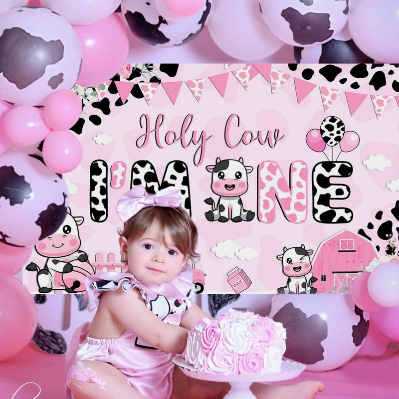Mocsicka Holy Cow I'm One Birthday Banner Decorations Girls My First Rodeo Pink Cow Print Floral Photography Background (pink, 6x3.6ft(70.8x43.3 Inch)) - Image 2