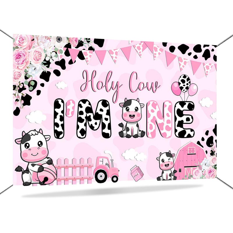 Mocsicka Holy Cow I'm One Birthday Banner Decorations Girls My First Rodeo Pink Cow Print Floral Photography Background (pink, 6x3.6ft(70.8x43.3 Inch)) - Image 1