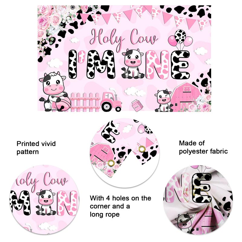 Mocsicka Holy Cow I'm One Birthday Banner Decorations Girls My First Rodeo Pink Cow Print Floral Photography Background (pink, 6x3.6ft(70.8x43.3 Inch)) - Image 4