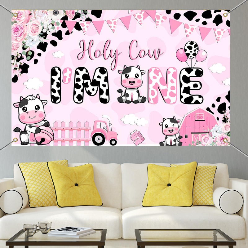 Mocsicka Holy Cow I'm One Birthday Banner Decorations Girls My First Rodeo Pink Cow Print Floral Photography Background (pink, 6x3.6ft(70.8x43.3 Inch)) - Image 3