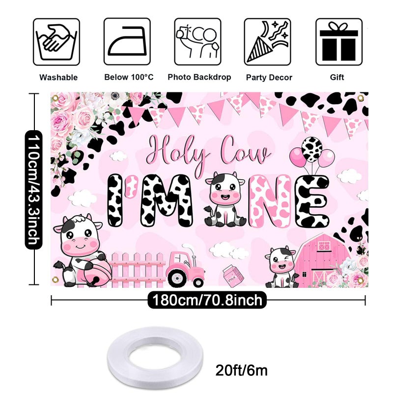 Mocsicka Holy Cow I'm One Birthday Banner Decorations Girls My First Rodeo Pink Cow Print Floral Photography Background (pink, 6x3.6ft(70.8x43.3 Inch)) - Image 5
