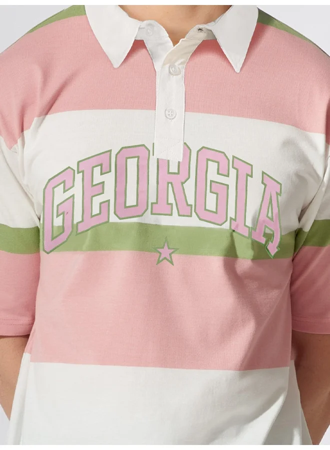 Maniac Mens Polo Neck Printed & Striped Half Sleeve Pink and White Cotton Oversized Fit T-Shirt