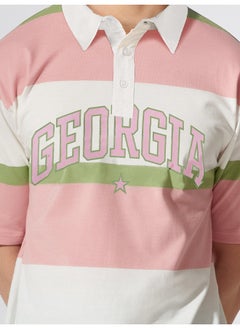 Maniac Mens Polo Neck Printed & Striped Half Sleeve Pink and White Cotton Slim Fit T-Shirt  - Image 4
