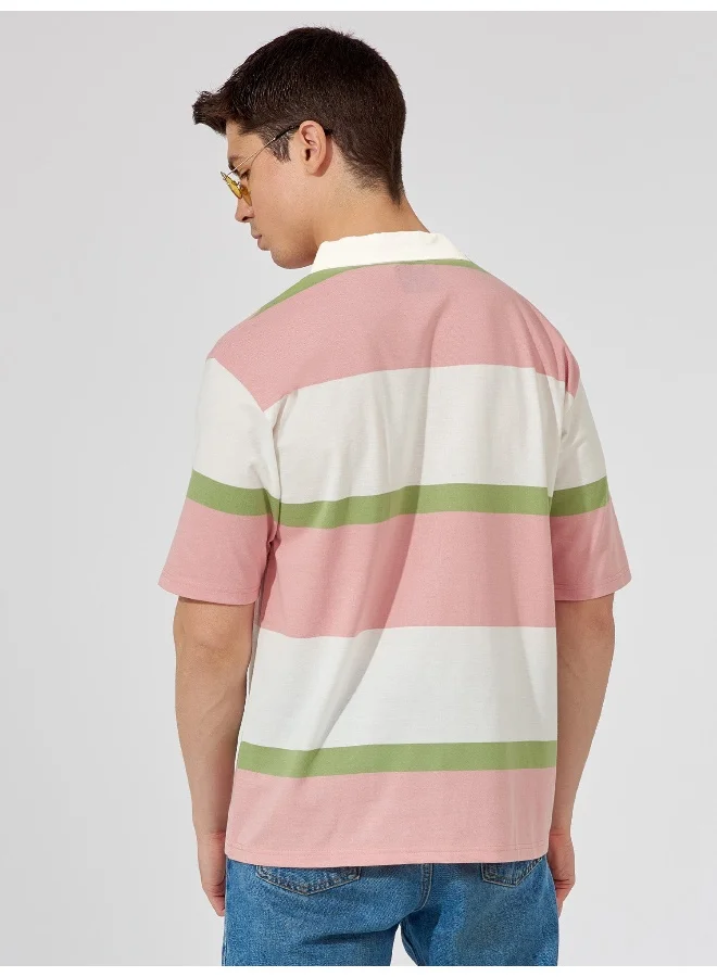 Maniac Mens Polo Neck Printed & Striped Half Sleeve Pink and White Cotton Oversized Fit T-Shirt