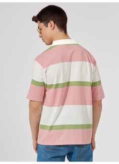 Maniac Mens Polo Neck Printed & Striped Half Sleeve Pink and White Cotton Slim Fit T-Shirt  - Image 3