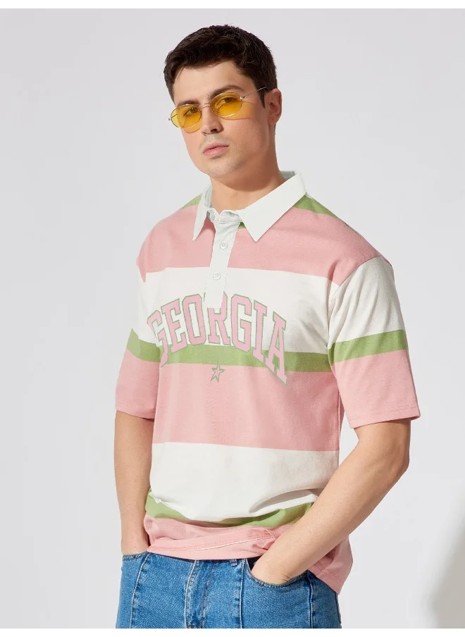 Maniac Mens Polo Neck Printed & Striped Half Sleeve Pink and White Cotton Oversized Fit T-Shirt