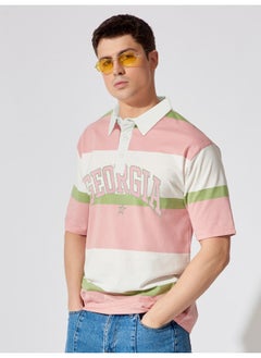 Maniac Mens Polo Neck Printed & Striped Half Sleeve Pink and White Cotton Slim Fit T-Shirt  - Image 2