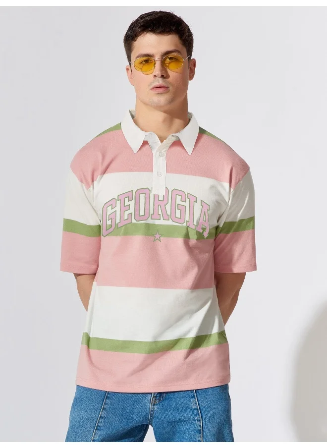 Maniac Mens Polo Neck Printed & Striped Half Sleeve Pink and White Cotton Oversized Fit T-Shirt
