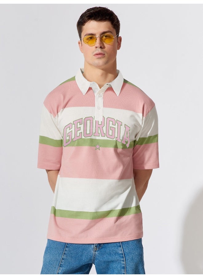 Maniac Mens Polo Neck Printed & Striped Half Sleeve Pink and White Cotton Oversized Fit T-Shirt  - Image 1