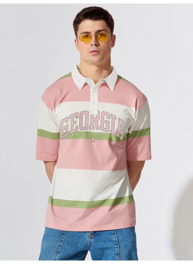 Mens Polo Neck Printed & Striped Half Sleeve Pink and White Cotton Slim Fit T-Shirt - pzsku/ZA80D2D5A8CC530146710Z/45/_/1729517344/d8ae76e8-401c-4b9c-8229-614ce5401fb3