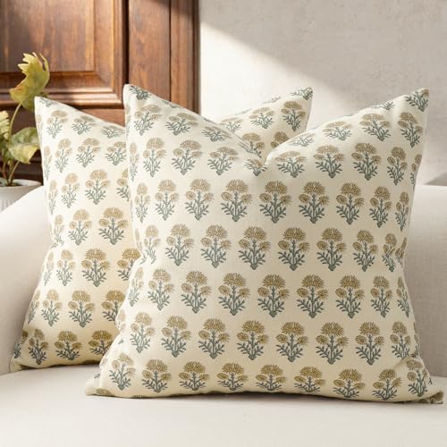 DKwizme Farmhouse Floral Pillow Covers 18x18 Set of 2 Country Botanical Throw Pillow Cover for Sofa Couch Bed Living Room Rustic Vintage Flower Cushion Covers Cottage Home DecorOlive Yellow - Image 1