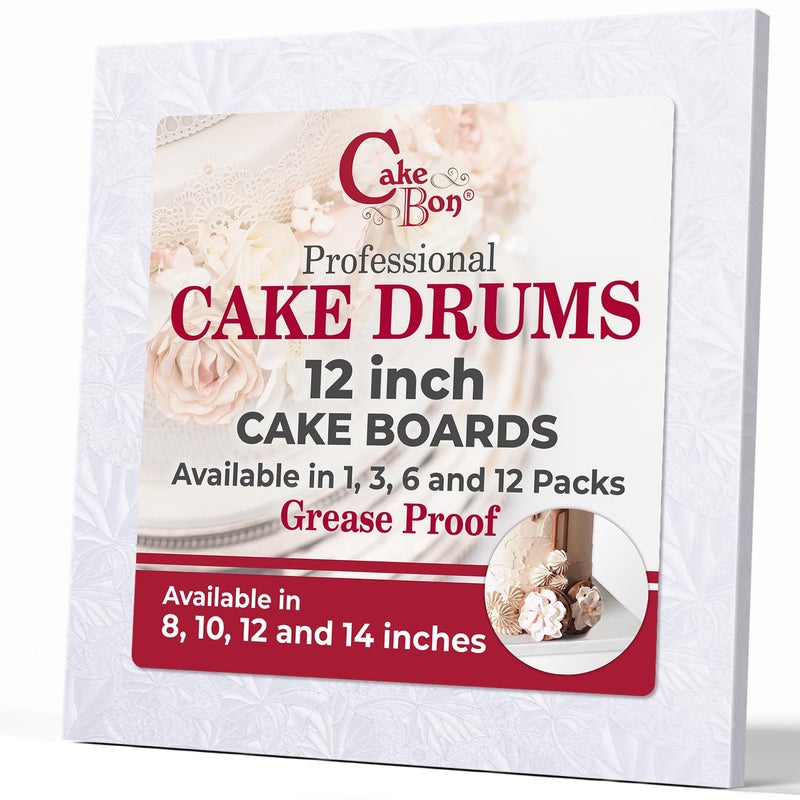 Cakebon Cake Boards Square  Sturdy 12 Inch Thick Drums  12 Inch Professionally Wrapped Edges White 1Pack