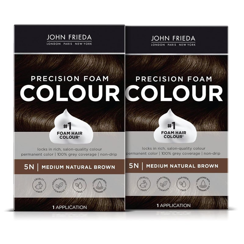 John Frieda Precision Foam Colour Medium Natural Brown 5N Fullcoverage Hair Color Kit AntiFade Gray Coverage Deep Color Saturation Hair Dye Pack of 2