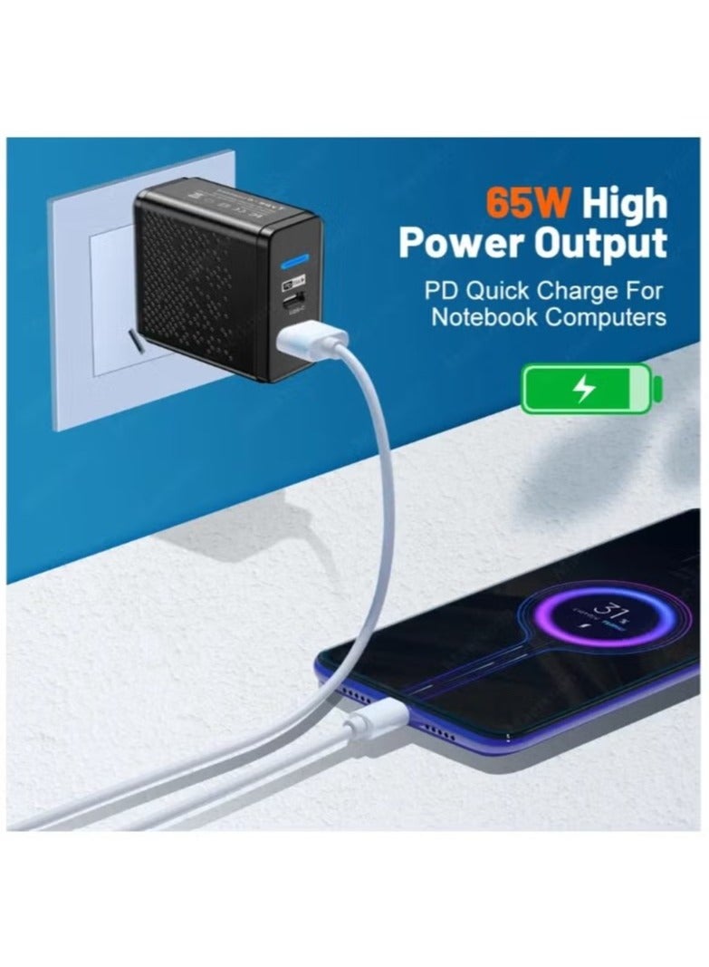 65W USB-C Charger – Dual Port Type-C  USB-A Wall Plug, Compact Fast Charging Adapter for Laptops, Tablets  Phones - Image 2