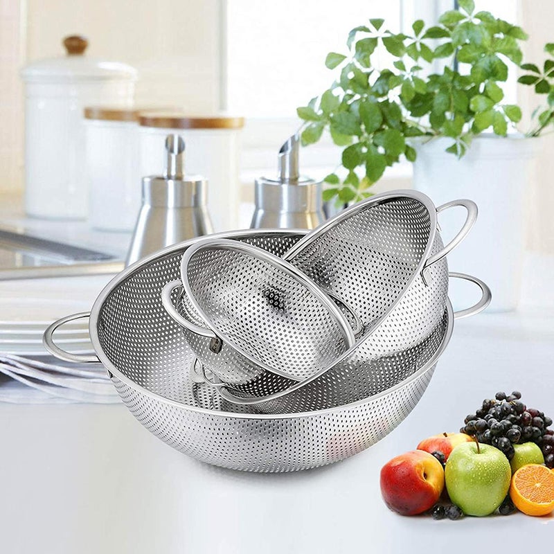 FEELING MALL Stainless Steel Micro-Perated Colander Set Of 3 (1-3-5Quart) - Professional Strainer With Heavy Duty Handles And Self-Draining - Dishwasher Safe, 28 X 28 X 11 Centimeters, Silver - Image 4