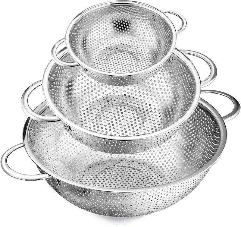 FEELING MALL Stainless Steel Micro-Perated Colander Set Of 3 (1-3-5Quart) - Professional Strainer With Heavy Duty Handles And Self-Draining - Dishwasher Safe, 28 X 28 X 11 Centimeters, Silver - Image 1