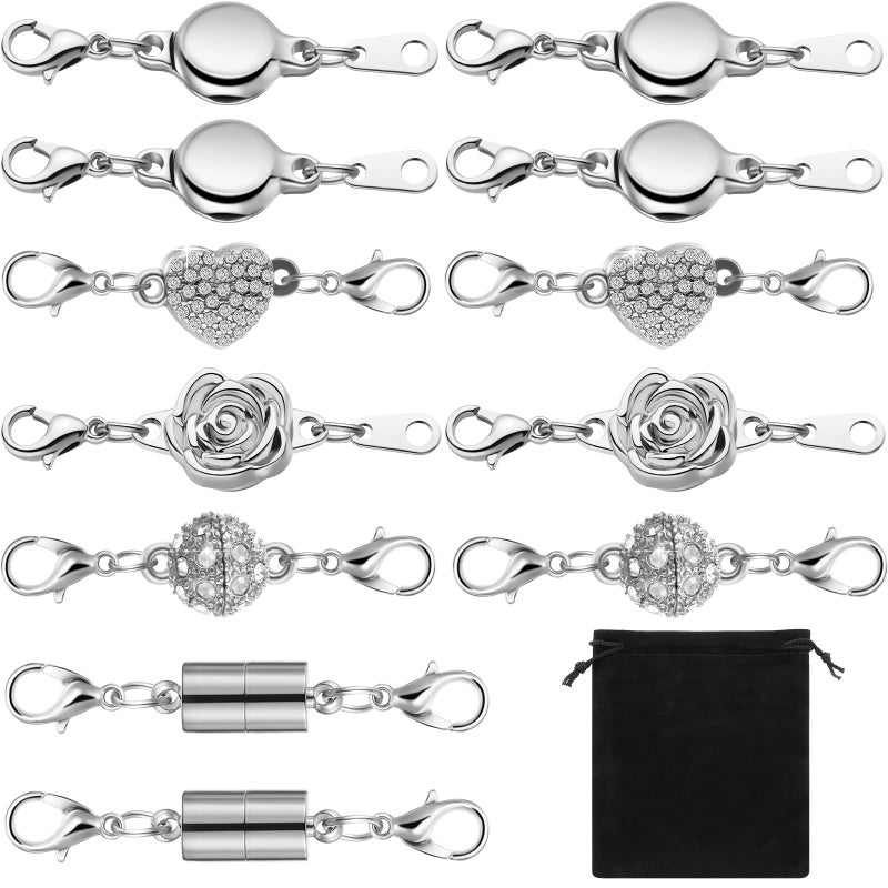 Mtlee 12 Pcs Necklace Magnetic Clasps and Closures Magnetic Lobster Clasps Silver Magnetic Jewelry Clasps Locking Necklace Extender Round Rhinestone Ball Magnetic Clasps for Bracelets Making Multiple Styles - Image 1
