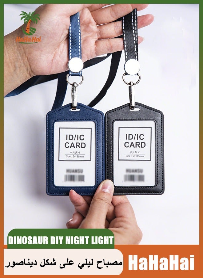 HaHaHai 2 PCS ID Card Holder with Detachable Neck Lanyard Strap and Retractable Badge Reel Clip, Keychain Leather Id Badge Holder Set for Work School and Metro Card (black and Dark Blue) - Image 1