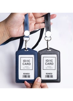 HaHaHai 2 PCS ID Card Holder with Detachable Neck Lanyard Strap and Retractable Badge Reel Clip, Keychain Leather Id Badge Holder Set for Work School and Metro Card (black and Dark Blue)  - Image 1