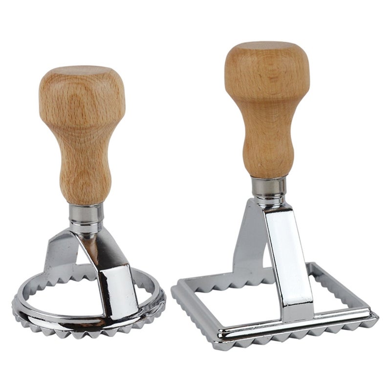 Hicook Ravioli Maker Cutter Stamps Set Round Square Shape Ravioli Masker Large Size Aluminum Press with Wooden Handle and Fluted Edge Set of 2