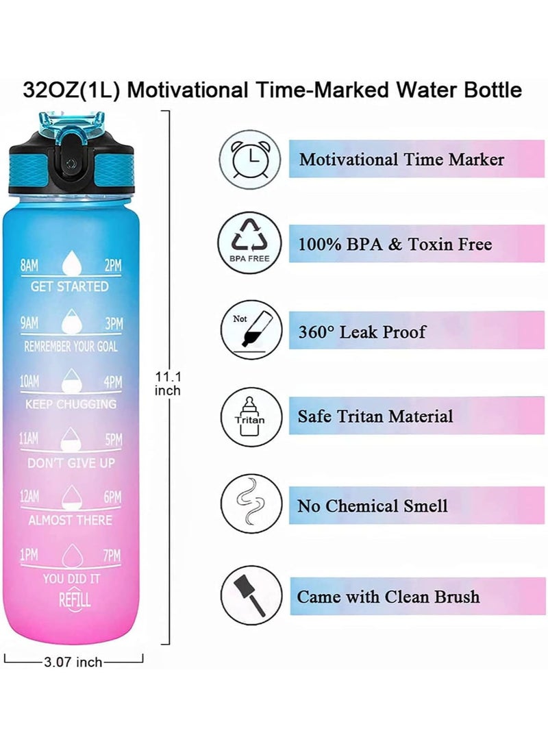 Motivational Large Water Bottle 1L Tritan Plastic Water Bottle With Time Markers, Leak Proof Water Bottle For Kids, School Water Bottles (Blue and Pink) - Image 3