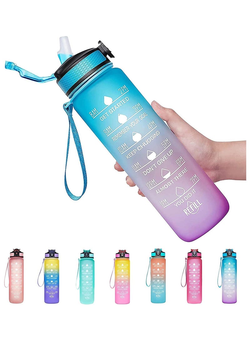Motivational Large Water Bottle 1L Tritan Plastic Water Bottle With Time Markers, Leak Proof Water Bottle For Kids, School Water Bottles (Blue and Pink) - Image 1