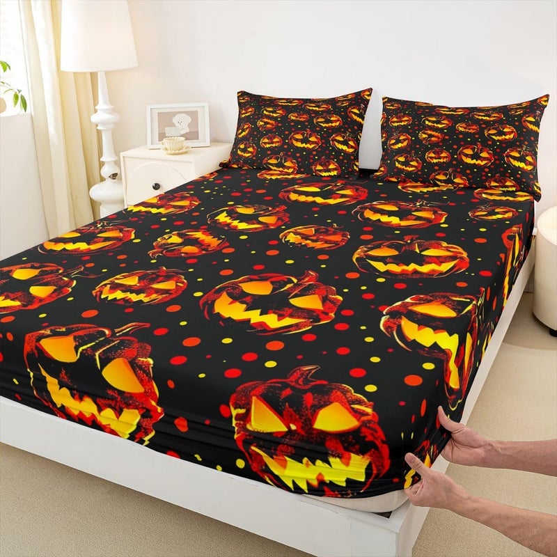 Feelyou Spooky Pumpkin Bed Sheets Sets Full Size Kids Boys Girls Halloween Themed Bedding Set Trick or Treat Bed Sheet Set with 16-Inch Deep Pockets Graveyard 4Pcs with 2 Pillow Cases - Image 4