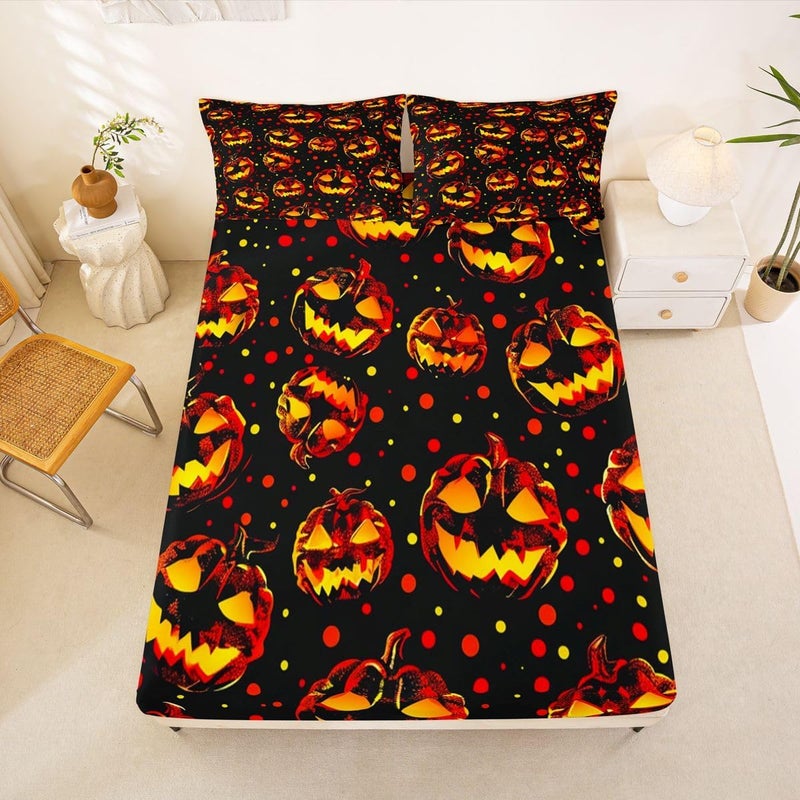 Feelyou Spooky Pumpkin Bed Sheets Sets Full Size Kids Boys Girls Halloween Themed Bedding Set Trick or Treat Bed Sheet Set with 16-Inch Deep Pockets Graveyard 4Pcs with 2 Pillow Cases - Image 2