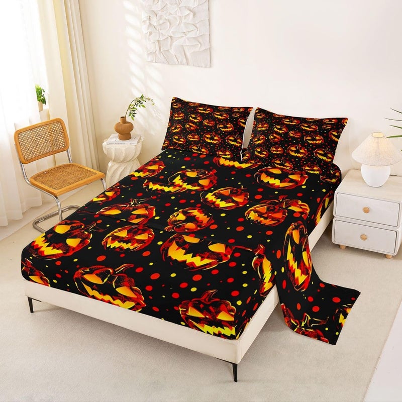 Feelyou Spooky Pumpkin Bed Sheets Sets Full Size Kids Boys Girls Halloween Themed Bedding Set Trick or Treat Bed Sheet Set with 16-Inch Deep Pockets Graveyard 4Pcs with 2 Pillow Cases - Image 1