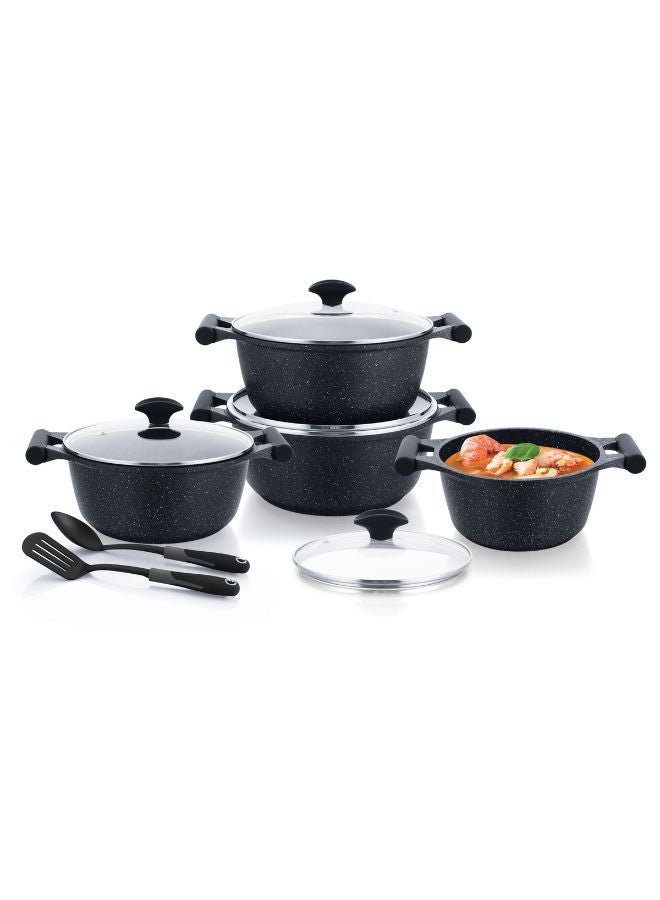 Prestige Essential 10 pcs Cookware Sets | Granite Stone Pots and Pans Set | Granite Non-Stick Cooking Set | Induction Cooking Sets - Black - Image 1