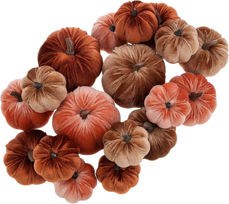 Woration 18pcs Fake Artificial Velvet Pumpkin Fall Decoration 3 Size Faux Foam Fabric Pumpkins Halloween Decor for Home Farmhouse Harvest Thanksgiving - Brown Series - Image 1