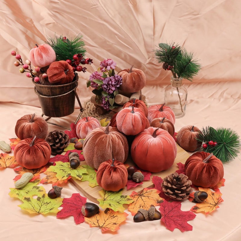 Woration 18pcs Fake Artificial Velvet Pumpkin Fall Decoration 3 Size Faux Foam Fabric Pumpkins Halloween Decor for Home Farmhouse Harvest Thanksgiving - Brown Series - Image 5