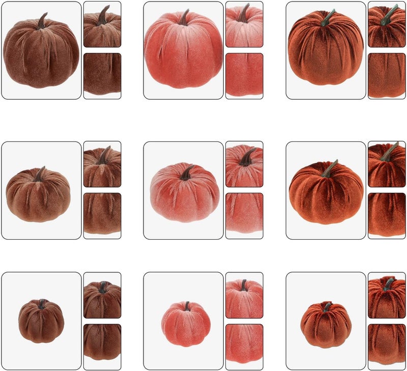 Woration 18pcs Fake Artificial Velvet Pumpkin Fall Decoration 3 Size Faux Foam Fabric Pumpkins Halloween Decor for Home Farmhouse Harvest Thanksgiving - Brown Series - Image 4