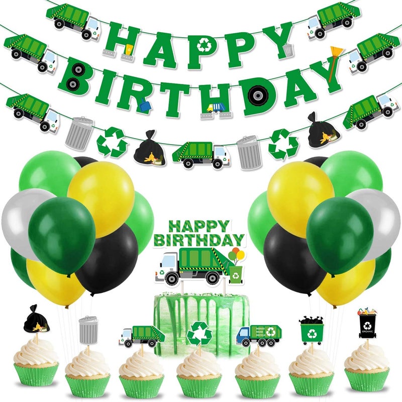 Bessmoso 56 Pcs Garbage Truck Birthday Decoration Trash Truck Birthday Banner Latex Balloons Cake Topper Cupcake Toppers Trash Waste Management Recycling Baby Shower Truck Themed Party Supplies - Image 3