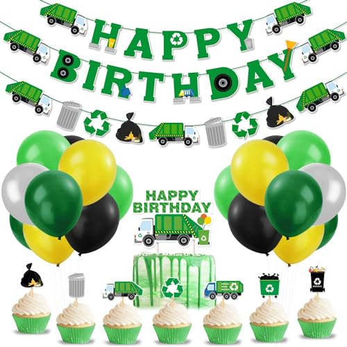 Bessmoso 56 Pcs Garbage Truck Birthday Decoration Trash Truck Birthday Banner Latex Balloons Cake Topper Cupcake Toppers Trash Waste Management Recycling Baby Shower Truck Themed Party Supplies - Image 1