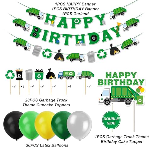 Bessmoso 56 Pcs Garbage Truck Birthday Decoration Trash Truck Birthday Banner Latex Balloons Cake Topper Cupcake Toppers Trash Waste Management Recycling Baby Shower Truck Themed Party Supplies - Image 5