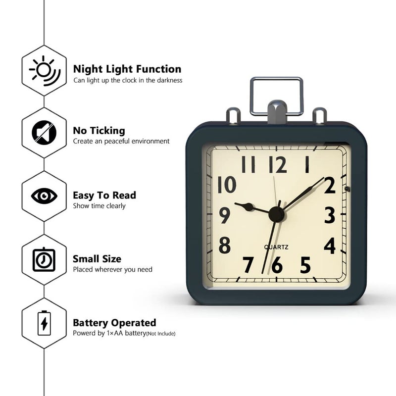 AYRELY Kadio Battery Operated Alarm Clock with Square Metal CaseNo Ticking Analog Quartz Desk Clock for BedroomTravelKids - Image 2