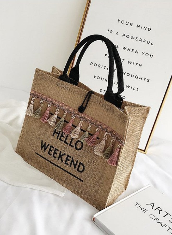 WAOKN Women's Tassel Decoration Shopping Bags, Girls Beach Travel Vacation Handbag Tote Bag Clutch Bag, Large Capacity Cotton and Linen Duffle Bag Gift Bag for College Students and Teenagers - Image 2