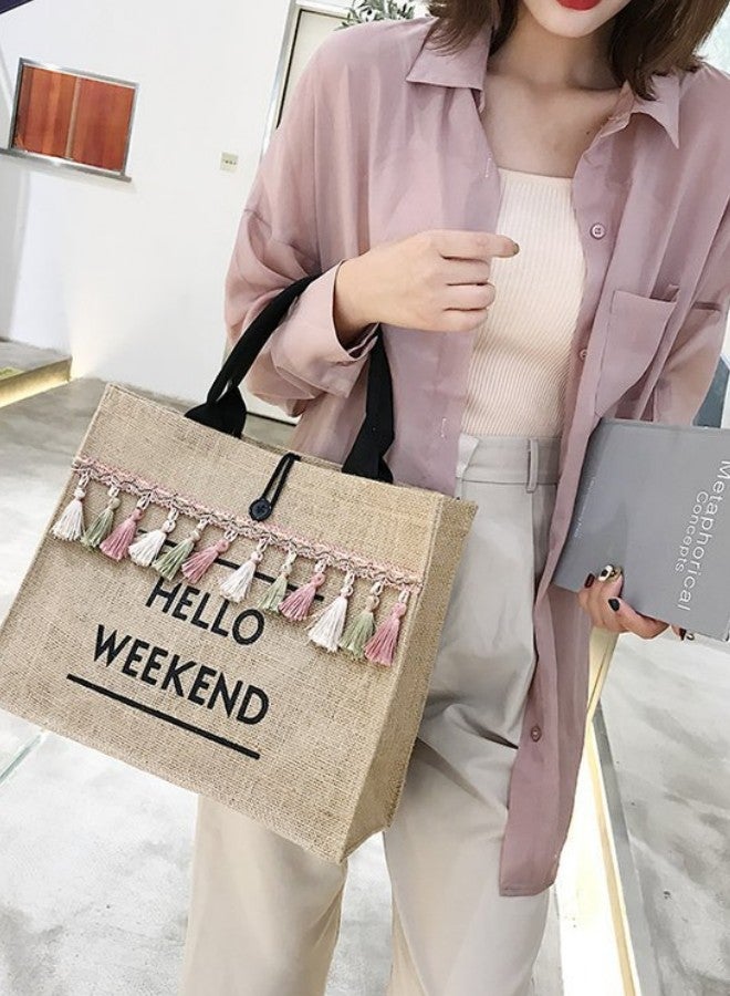 WAOKN Women's Tassel Decoration Shopping Bags, Girls Beach Travel Vacation Handbag Tote Bag Clutch Bag, Large Capacity Cotton and Linen Duffle Bag Gift Bag for College Students and Teenagers - Image 4