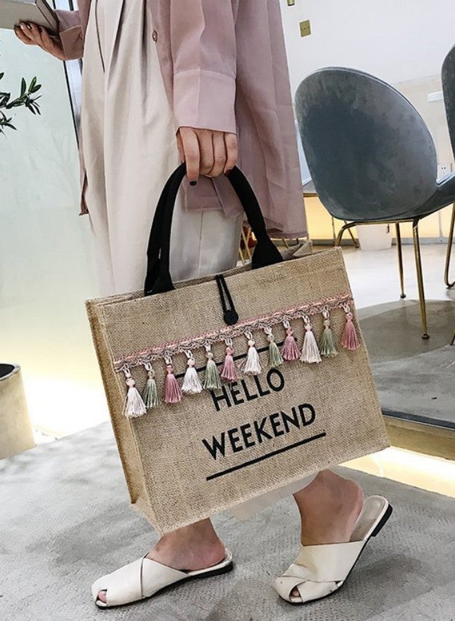 WAOKN Women's Tassel Decoration Shopping Bags, Girls Beach Travel Vacation Handbag Tote Bag Clutch Bag, Large Capacity Cotton and Linen Duffle Bag Gift Bag for College Students and Teenagers - Image 3