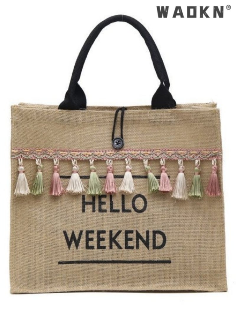 WAOKN Women's Tassel Decoration Shopping Bags, Girls Beach Travel Vacation Handbag Tote Bag Clutch Bag, Large Capacity Cotton and Linen Duffle Bag Gift Bag for College Students and Teenagers - Image 1