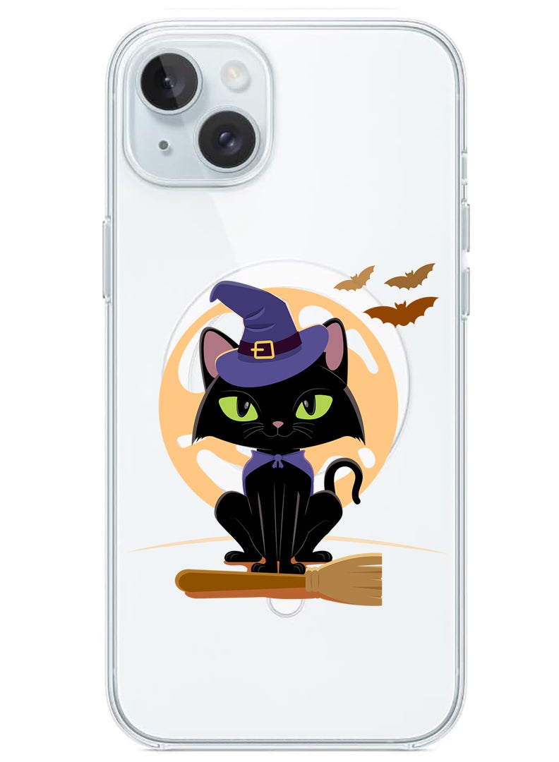 Theodor Magnetic Case for iPhone 15 6.1-inch Compatible with MagSafe Wireless Charging, Shockproof Phone Bumper Cover Cat Halloween with broom - Image 1