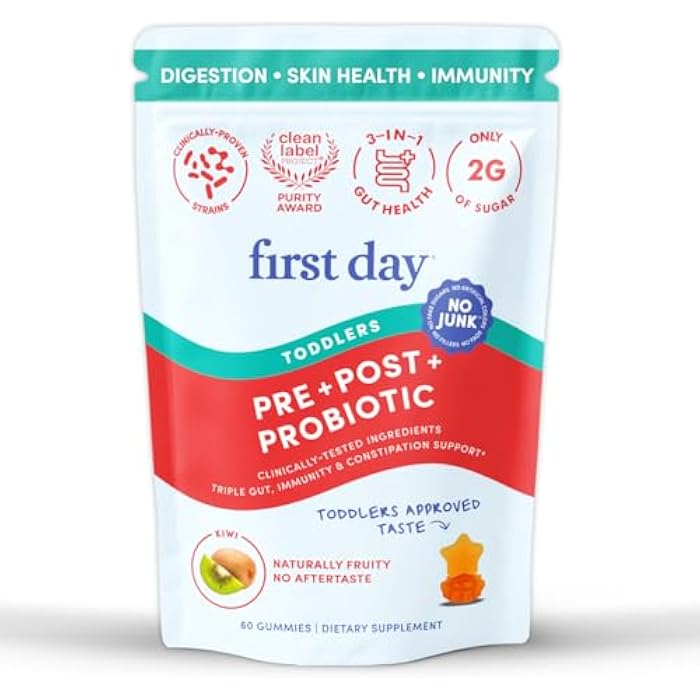 FIRST DAY Toddler Tribiotic Gummies (Ages 2-3) | Kids Probiotic Gummies | 3 in 1 Pre + Pro + Postbiotics for Kids Digestive & Immune Health - Kiwi, 60 Counts (30 Days Supply) - Image 1