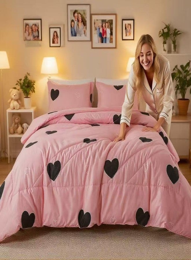 Caressma Love Pattern Girls Pink Comforter Set Full Size, Blush Pink Cute Love Heart Sexy Comforter Bedding Set for All Seasons, Geometric Microfiber 3 Pieces Comforter Set with Pillowcases - Image 2
