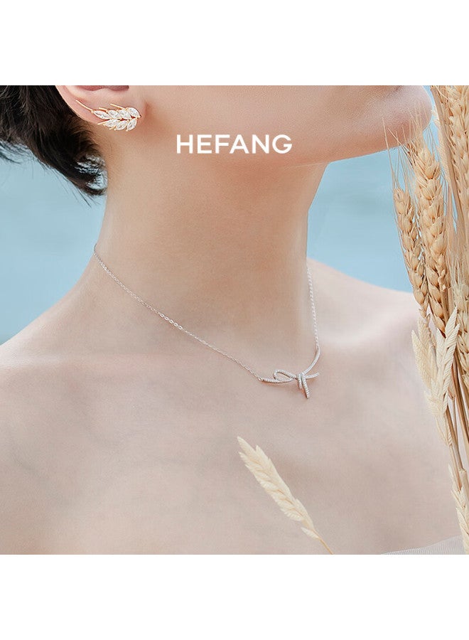 Hefang elry Silk Ribbon Knot Collarbone Chain Necklace Silver Elegant Birthday New Year Gift For Women, Girlfriend